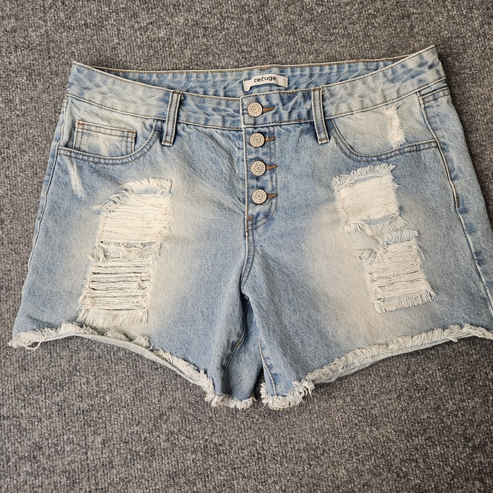 Refuge Women's Jean Shorts Cut Off Buttonfly Distressed Size 12 Festival Cowgirl - Picture 2 of 7